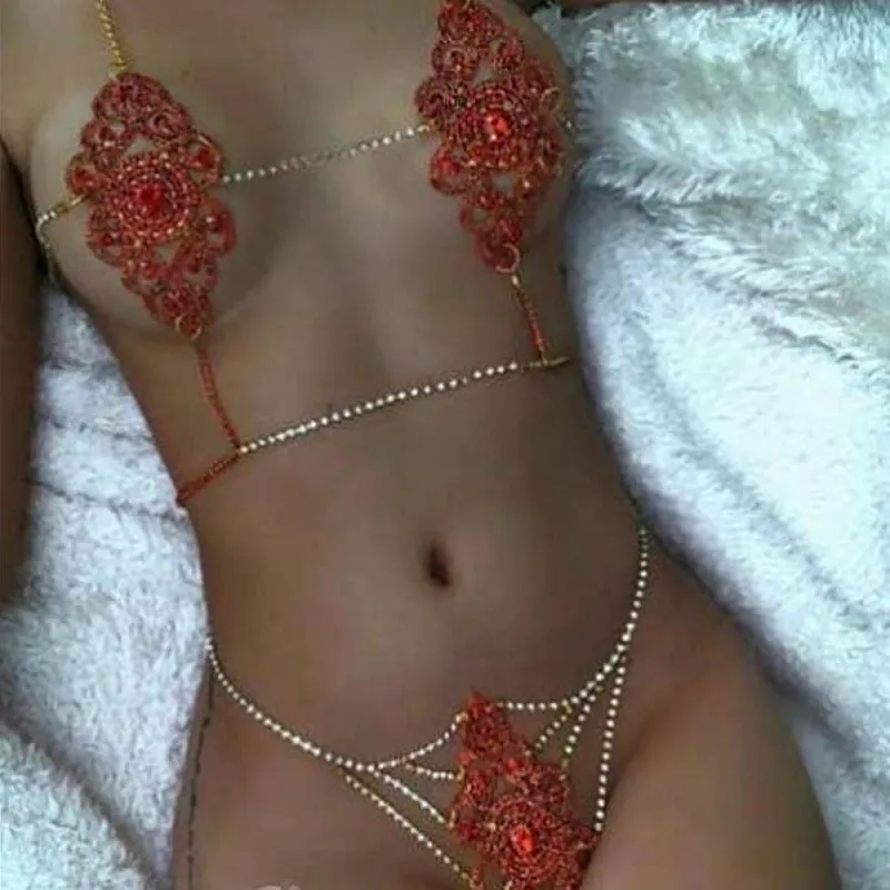 Handmade Sexy Jewelry Crystal Lingerie Chain Set for Women Bling Rhinestone Body Chain Beach Bikini Underwear Jewelry