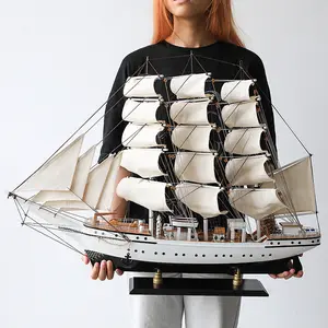 Kerajinan patung kayu Mediterania 80cm, dekorasi meja rumah pantai perahu layar kayu model kapal layar hadiah ulang tahun