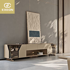 Armario de <span class=keywords><strong>TV</strong></span> minimalista italiano de <span class=keywords><strong>primera</strong></span> capa de cuero de vaca, mueble de vidrio de nogal Beige, Audio visual, bajo para sala de estar - Product Image 1