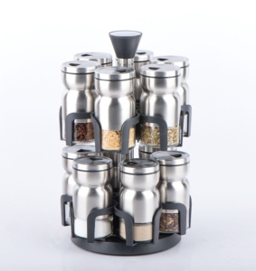 TW1121 12pcs Glass <strong>Spice</strong> Jar Set with Stainless Steel Casing and Plastic <strong>Revolving</strong> <strong>Rack</strong> - Product Image 1