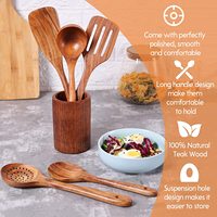Cuillères en bois pour la cuisson Ustensiles de cuisine en teck Spatule Ustensiles de cuisine en bois Cuillères avec repose-cuillère Porte-ustensiles