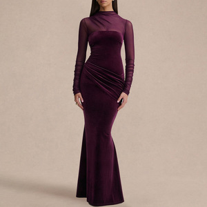 Vestido de Noche Formal para Mujer, Sin Tirantes, Manga Larga, de Terciopelo, Corte Sirena, Ajustado al Cuerpo, con Malla Transparente - Product Image 1