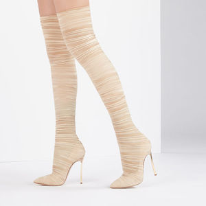 Bottines sexy en satin rouge extensible pour femmes, talons aiguilles métalliques, bottes longues au-dessus du genou, bottes pointues pour femmes, bottes hautes jusqu'à la cuisse - Product Image 6