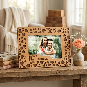 Marco de Fotos de Madera Grabado Personalizado Directo de Fábrica, Corte en Forma de Corazón I LOVE U FOREVER, Regalo para Parejas de San Valentín, OEM al por Mayor - Product Image 1