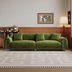 Sofá de tres plazas de tela chenilla estilo retro francés, verde vintage, tapizado para apartamentos pequeños. - Product Image 2