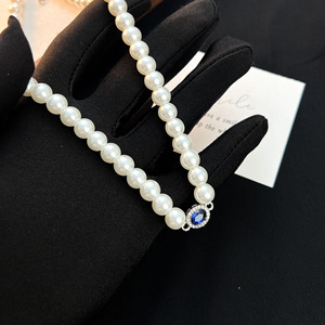 White Pearl Necklace AAA Grade With Blue Crystal Clasp For Women Everyday Wear - Product Image 1