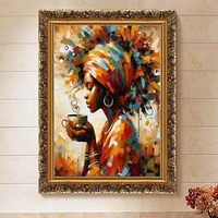 Kit de peinture par numéros Songwoo : Portrait abstrait chaleureux de femme africaine aux couleurs vives, thème café