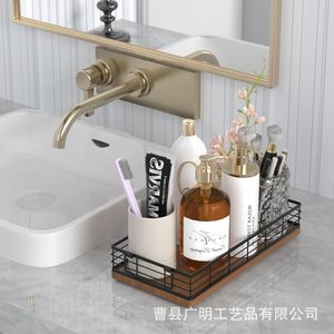 Rectangular Wooden Storage Tray For Bathroom Vanity Countertop With <b>Metal</b> <b>Grid</b> Coffee Brown Multifunctional Organizer - Product Image 4