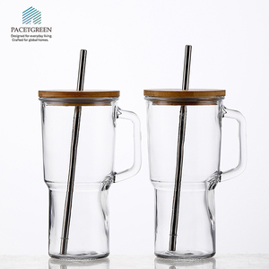 2025 New 1L Ribbed <strong>Glass</strong> Tumbler with Bamboo Lid &amp; Metal Straw, Handle for Home/Office Beverage - Product Image 2