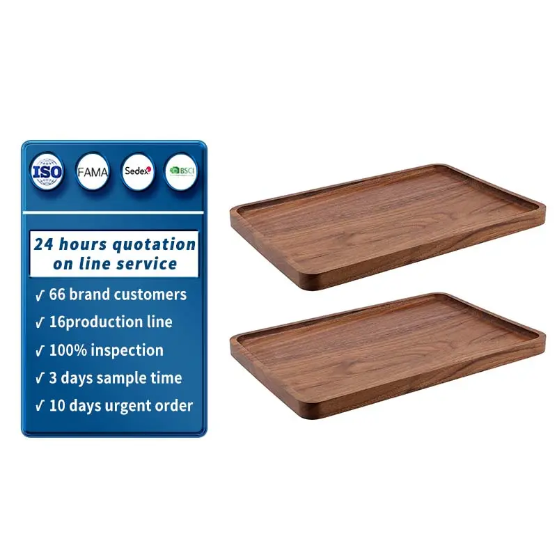 custom high quality Wooden Rectangular Tray  Natural Walnut wooden tray serving wood valet tray