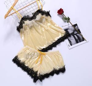 Ensemble pyjama deux pièces pour femmes, sexy, été, dentelle unie, sans manches, haut court, short à taille élastique, respirant, séchage rapide - Product Image 2