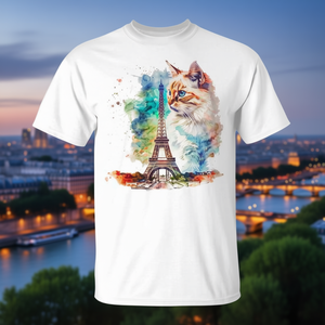 T-shirt unisexe pour adulte, col rond, manches courtes, impression numérique, motif tour Eiffel et chat en aquarelle, impression artistique de Paris - Product Image 3