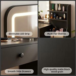 Tocador <span class=keywords><strong>de</strong></span> Maquillaje con Espejo LED, 5 Estantes Inclinados, 7 Espacios <span class=keywords><strong>de</strong></span> Almacenamiento Abiertos, 3 Cajones e Iluminación Ajustable - Product Image 3