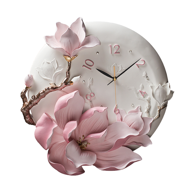 European Simple Luxury Wall Clock with 3D Hand-Painted Flower Decorative Large Size Silent Needle Display for Living Room