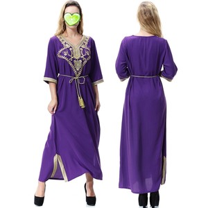 Robe d'été pour femmes, col en V, manches courtes, grande taille, broderie, kaftan musulman, robes maxi, abaya turque, vêtements ethniques - Product Image 2