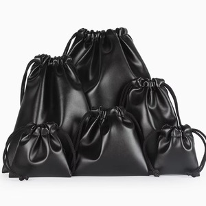 Custom Logo <b>Waterproof</b> Black Pu Leather <b>Drawstring</b> Pouch <b>Bags</b> for Jewelry Pouches Earphone Accessories Storage - Product Image 1