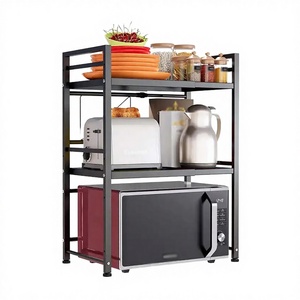 Black Three-Layer Multi-Functional Metal Kitchen Storage Cart with Foldable Microwave <b>Rack</b> - Product Image 3