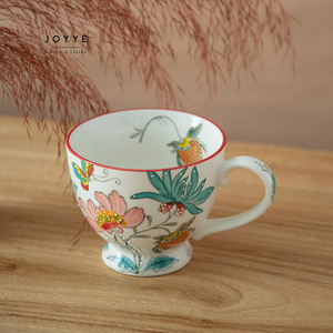Joyye en Stock elegante taza de desayuno 16oz 450mL bajo <span class=keywords><strong>flor</strong></span> pintada a mano esmaltada con punto en relieve taza de leche de café de cerámica - Product Image 1