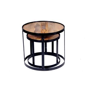 Industrial Round <b>Nesting</b> Coffee <b>Table</b> Set Wood Top Iron Frame Modern Living Room Furniture - Product Image 4