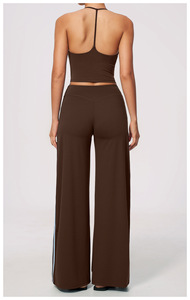 Ensemble 2 pièces sans bretelles pour femme, rose, sans manches, crop top, pantalon taille haute à jambes larges, rayures latérales, tricoté, respirant, style sportif - Product Image 2
