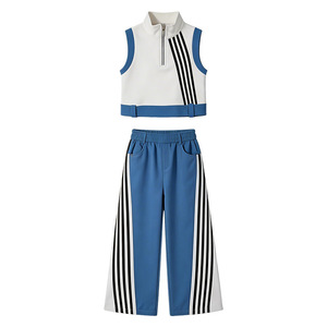 Completi <span class=keywords><strong>Abbigliamento</strong></span> Bambina 2026 Estivi Ragazza Adolescente Canotta Senza Maniche + Pantaloni a Righe Nero Bianco Blu Set Sportivo - Product Image 3