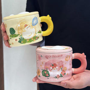 Cute Duck <b>Ceramic</b> <b>Mug</b> With Lid Pink Yellow White Cartoon Design For Couples Girls Spring 2025 Present Single Cup - Product Image 1