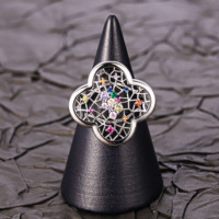 Bague pour femme CM Jewelry, plaquée or, motif floral, zircon multicolore, trèfle à quatre feuilles, bague à fleur creuse