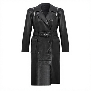 Gabardina Negra de Cuero Genuino Ecológico de Secado Rápido, Doble Botonadura, con Cinturón, Largo Midi, Ropa Exterior para Mujer, Otoño-Invierno - Product Image 1