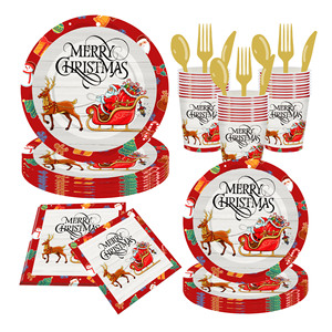 Christmas Santa Claus Reindeer <b>Disposable</b> Tableware Set Paper <b>Plates</b> Cups Napkins Party Supplies - Product Image 1