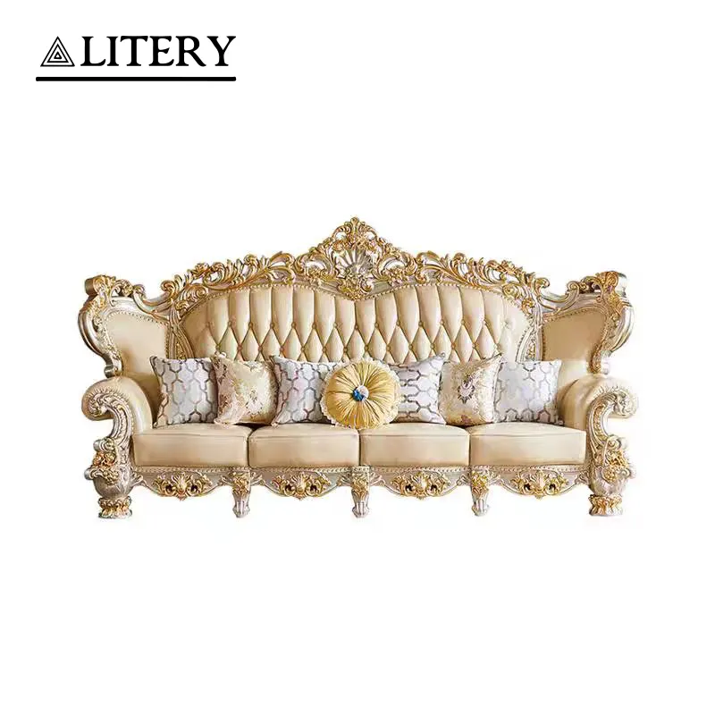 लक्जरी सोने संकट के साथ नक्काशीदार प्राचीन सोफे निर्माताओं यूरोपीय शैली क्लासिक कपड़े के थोक व्यापारी सोफे कमरे में रहने वाले सोफे