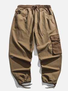 Men's Stonewashed Canvas Cargo Pants Elastic Waist Drawstring Straight Leg Multi Pocket Casual Outdoor Wear - Product Image 1