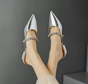 Nuevas zapatillas elegantes de <span class=keywords><strong>verano</strong></span> con punta en pico, sandalias de Mula sin cordones para mujer, Sandalias planas con cadena plateada y tacón plano, zapatillas - Product Image 1