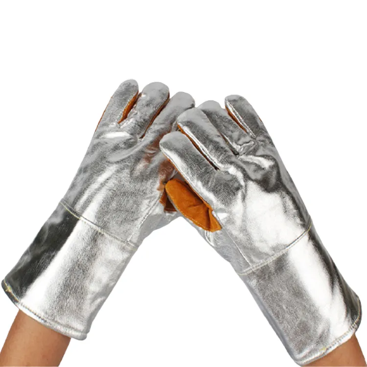 Sarung tangan kulit Split sapi derajat PPE, sarung tangan pelindung tangan tahan panas aluminium Foil industri keselamatan las api