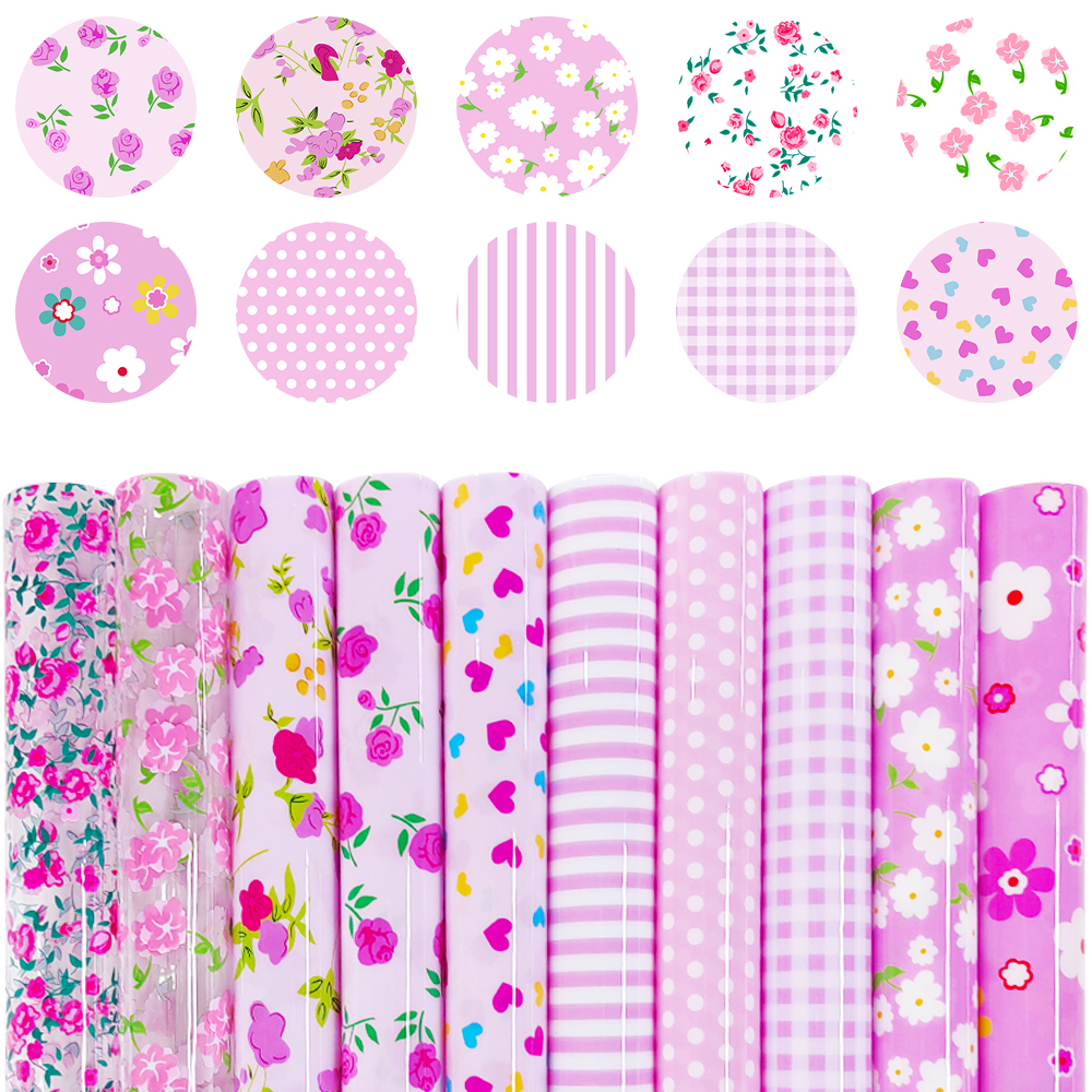 Pink PVC Transparent Plastic Vinyl Film Floral Pattern Printing Artificial Synthetic Leather Waterproof Fabric for Bows/Bags/DIY