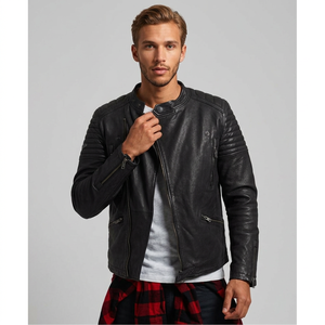 Blouson aviateur homme en cuir véritable pleine fleur, chaud pour l'hiver, avec fermeture éclair, imperméable, coupe ajustée, noir, tendance - Product Image 1