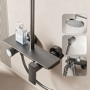 Ensemble <span class=keywords><strong>de</strong></span> douche en aluminium gris acier réglable en hauteur tête <span class=keywords><strong>de</strong></span> jet ronde en silicone avec bouton inverseur et cascade - Product Image 2