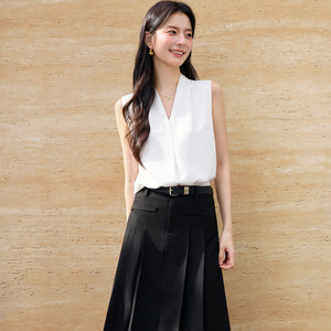 Blue V-neck Sleeveless Chiffon Top Solid Color <b>Wrap</b> And Tie Office Women's Blouse Polyester Fiber Shirt Set - Product Image 3