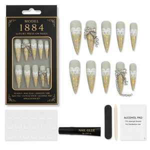 Faux ongles longs à presser en dentelle et feuille d'or, couvrance totale, style français, amovibles, pour usage professionnel en salon - Product Image 3