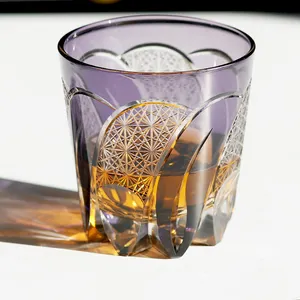 El ile 32 cl mor Amber çok katmanlı renkli cam viski Tumbler kazınmış büyük kristal yıldız alt eski moda cam