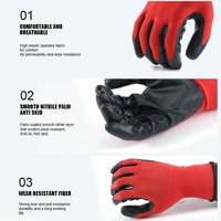 Gants de jardin industriels en nylon polyester rouge de calibre 13, revêtement en nitrile noir, norme CE