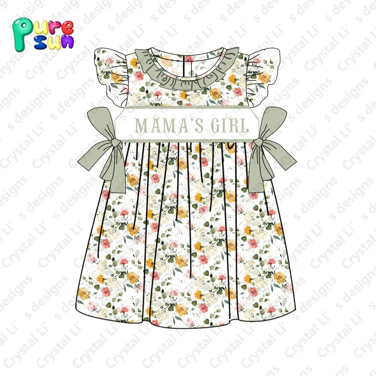 Wholesale flower girls' dresses custom applique baby girl dresses spring floral printed kids dresses for girls