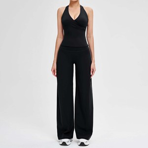 Completo Yoga da Donna in Tessuto Spazzolato: Top Canotta + Pantaloni a Gamba Larga con Apertura sulla Schiena, Abbigliamento Aderente per Yoga, Corsa e Sport all'Aperto - Product Image 3