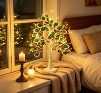 Weihnachtlicher Stechpalmenbaum mit LED-Beleuchtung, roten Früchten und Blättern, batterie-/USB-betrieben, dekorative Lampe für Neujahr, Heimpartys und Innendekoration