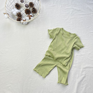 Conjunto de Ropa Informal de Verano <span class=keywords><strong>para</strong></span> Bebés, Niños y Niñas, Estilo Coreano, Color Sólido, Transpirable, con Volantes - Product Image 4