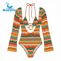 Retro regenboogstreep O-ring badpak met uitsnijding en wijde mouwen kimono cover-up 2-delige strandoutfit