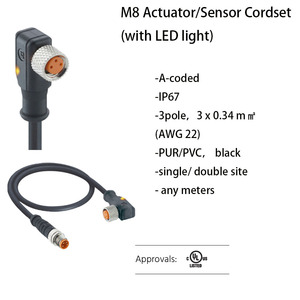 M8 M12 액추에이터/센서 케이블 세트(오버몰딩) : 3 및 4극, A 코드 IP67, LED 조명 포함, 단일 및 이중 엔드 케이블 세트 모두 - Product Image 2