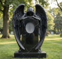 Sculpture d'ange pleureur en marbre noir européen de haute qualité, faite à la main, pour la décoration des cimetières et des églises