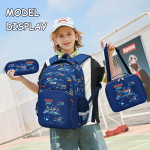 Cusangel 3pcs thiết lập hải quân máy bay chuyến bay in ấn Nylon chống thấm nước trẻ em ba lô với túi ăn trưa và bút chì trường hợp cho bé trai trường Túi - Product Image 2
