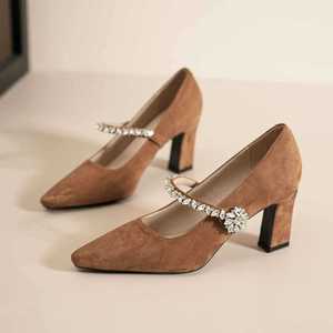 Zapatos de Mujer Mary Jane con Punta en Pico, Tacón Cuadrado, Correa de Cristal, Forro de Microfibra de Terciopelo, Tacón Mediano, Color Sólido, a la Moda - Product Image 3