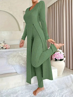 Conjunto de Dos Piezas de Punto Acanalado para Mujer, Top Túnica de Manga Larga con Cuello Redondo y Abertura Lateral, Pantalones Anchos, Atuendo Informal para Descansar